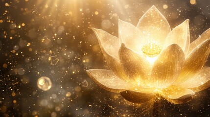 Poster - Radiant Golden Lotus Flower Illuminated by Soft Light with Sparkling Particles and Ethereal Background