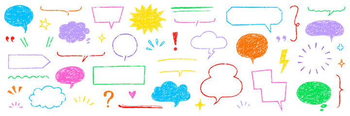 Poster - Crayon speech bubble text frame dialog balloon hand drawn set. Crayon chalk doodle talk speech bubble frame. Hand drawn chalk dialog balloon, children color doodle text cloud. Vector illustration.