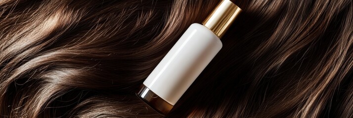 Aufkleber - Luxurious hair care product mockup with glossy brunette hair background for elegant package design presentation