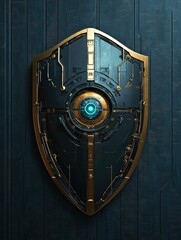 Leinwandbilder - Shield design featuring cybernetic patterns and a robotic eye for cybersecurity applications in a futuristic context