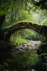 Wall Mural - A serene stone bridge covered in lush greenery spans a tranquil forest stream, creating a picturesque and peaceful natural scene.