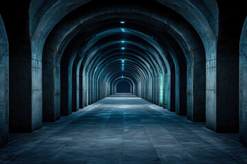 Poster - A captivating view of a dimly lit corridor adorned with arching stone pillars and serene blue lighting, evoking a sense of mystery and inviting exploration into the unknown.