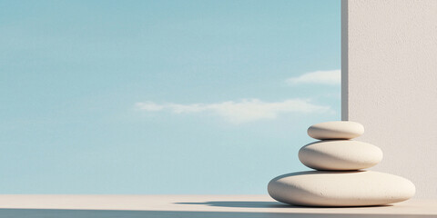 Poster - serene minimalist scene with stacked smooth stones against clear blue sky, emphasizing balance and harmony
