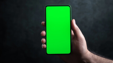 Poster - person holds smartphone with vibrant green screen, ideal for chroma key editing, against dark background