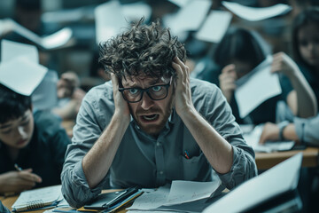 Poster - stressed male teacher surrounded by chaotic students in classroom, papers flying everywhere