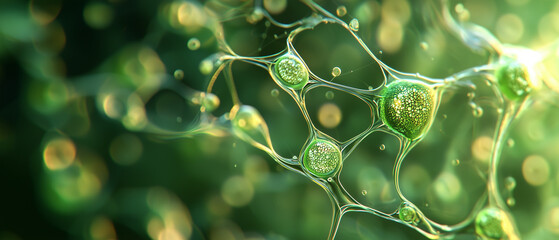 Poster - close up view of vibrant green plant cell structure with intricate details and glowing elements, showcasing complexity of nature