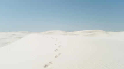 Poster - serene desert landscape with footprints leading across white sand dunes under clear blue sky