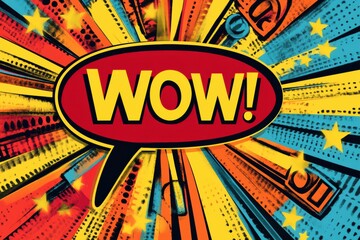 Aufkleber - Exciting comic style design featuring bold speech bubble with wow surrounded by vivid colors and discount prices in pop art theme