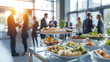 © +27.000 BOU - Corporate Gathering with Culinary Delights: A sun-drenched business function, where colleagues engage in animated conversations near a lavish buffet. The array of delectable dishes takes center stage.