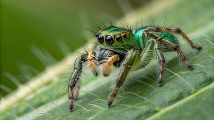 Wall Mural - emerald hunter: a vibrant macro shot of a male jumping spider on a lush green leaf, displaying strik