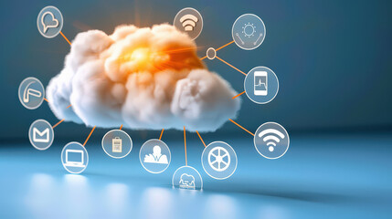 Leinwandbilder - glowing digital cloud with interconnected network icons representing various technologies and services, symbolizing futuristic cloud computing and data management