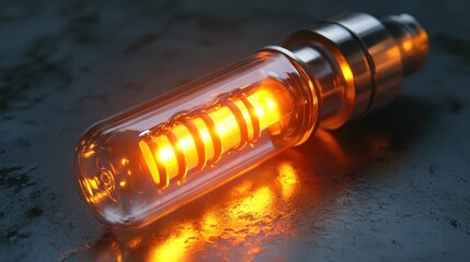 Poster - Vintage Futuristic Light Bulb with Warm Orange Glow on Dark Rustic Surface