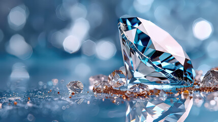 Aufkleber - stunning close up view of brilliant cut blue sapphire surrounded by smaller diamonds on reflective surface, creating sparkling and luxurious atmosphere