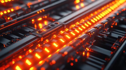Poster - Abstract close-up of vibrant glowing orange lights on a dark metallic surface with intricate patterns and reflections