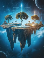 Poster - Floating islands connected by portals create gateways to different virtual worlds in the metaverse at dawn