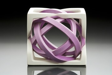 Poster - A white ceramic cube containing overlapping purple arched ribbons