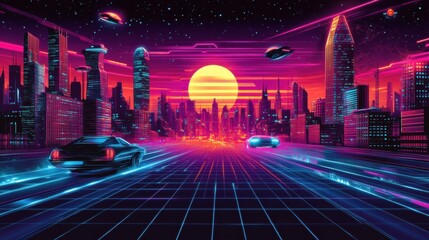 Poster - Futuristic virtual cityscape in the metaverse showcasing neon lights, holograms, and flying cars at dusk with dynamic composition
