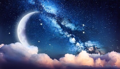 Wall Mural - starry sky with crescent moon and clouds background with copy space starry night sky with cresmp sinister moon and glowing stars celestial fantasy background abstract dreamy sky banner with blank