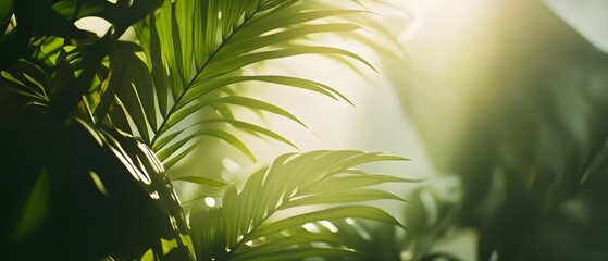 Poster - lush green tropical foliage with sunlight peeking through the dense leaves creating a natural peacef