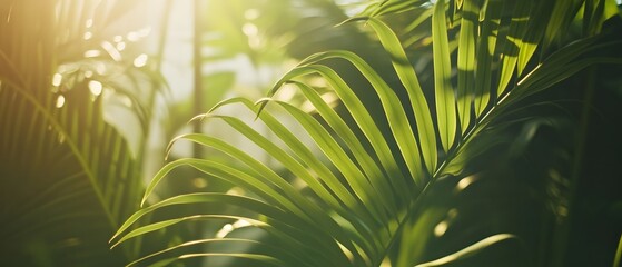 Poster - vibrant green tropical palm leaves bathed in warm radiant sunlight beams creating a serene tranquil 