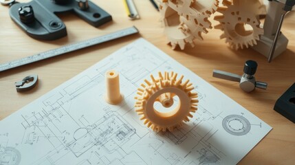 Poster - D-printed mechanical part on a desk with technical schematics and measuring instruments.