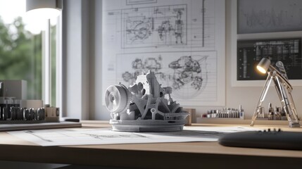 Poster - D-printed mechanical part on a desk with technical schematics and measuring instruments.