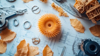 Poster - D-printed mechanical part on a desk with technical schematics and measuring instruments.