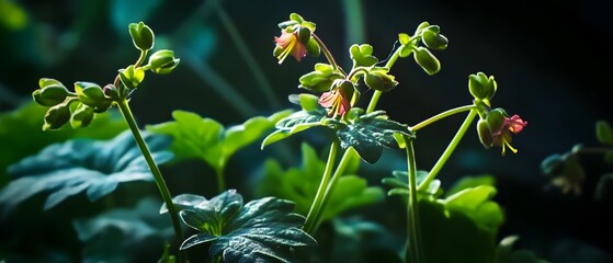 Poster - closeup view of vibrant green leaves budding flowers and lush natural vegetation in a thriving verda
