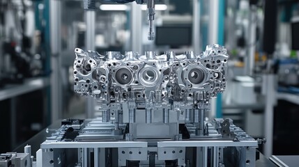 Poster - Advanced robotic system assembling precision mechanical parts in an automated lab.