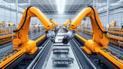 Poster - Automated factory floor with robotic machinery assembling mechanical components.