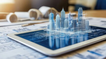 Poster - Blueprints of a city infrastructure project displayed alongside a digital tablet showing D renderings.