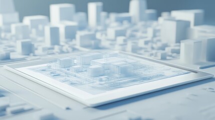 Poster - Blueprints of a city infrastructure project displayed alongside a digital tablet showing D renderings.