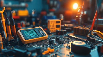 Poster - Close-up of an electrical circuit board with precision tools and a digital multimeter on a workbench.