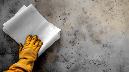 Leinwandbilder - Hand in safety glove examines blueprint at a bustling construction site with ample space for additional text and design elements
