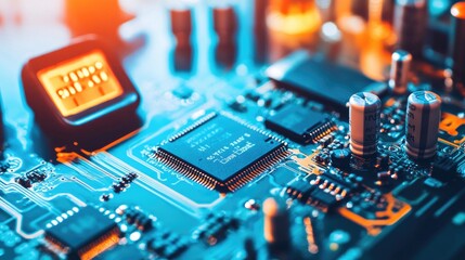 Poster - Close-up of an electrical circuit board with precision tools and a digital multimeter on a workbench.