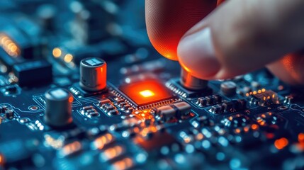Poster - Close-up of a hand turning a potentiometer on an electronic circuit for voltage adjustment.