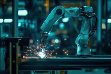 Poster - A robotic arm welding in a factory, producing sparks in a high-tech environment, showcasing modern industrial automation.