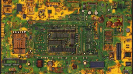 Poster - Close-up of a microprocessor chip on a PCB, surrounded by capacitors and electronic resistors.