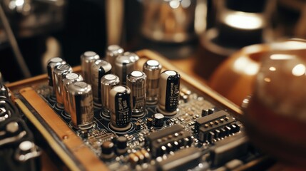 Poster - Close-up of a microprocessor chip on a PCB, surrounded by capacitors and electronic resistors.
