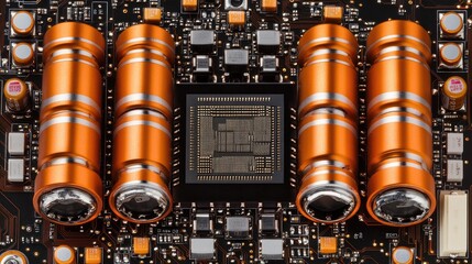 Poster - Close-up of a microprocessor chip on a PCB, surrounded by capacitors and electronic resistors.