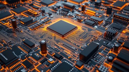 Poster - Close-up of a printed circuit board with integrated circuits and capacitors arranged in a high-tech design.