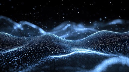 Poster - Abstract floating wave of small glowing dots, high-tech and futuristic on dark background