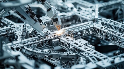 Poster - A close-up of robotic arms assembling intricate metal structures, showcasing advanced technology and precision in manufacturing.