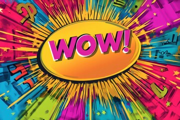 Poster - bold comic style speech bubble with wow message surrounded by vibrant starburst patterns and eye cat