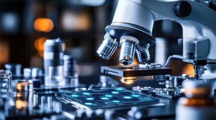 Poster - Digital microchip under a high-tech microscope, symbolizing nano-engineering advancements.