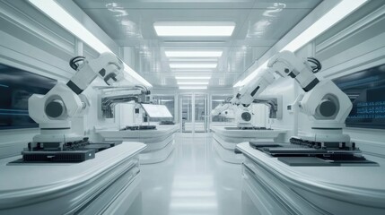 Poster - High-tech mechanical assembly line with robotic automation in a factory setting.