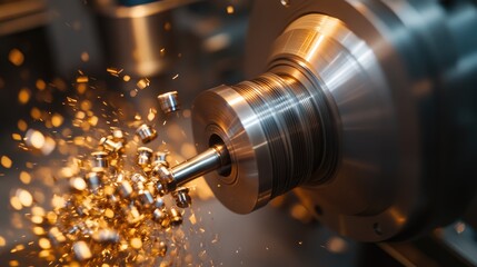 Poster - Industrial lathe shaping a metallic component, representing mechanical manufacturing.