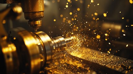 Poster - Industrial lathe shaping a metallic component, representing mechanical manufacturing.