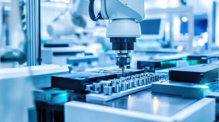 Poster - Industrial robotic arm assembling mechanical parts in a high-tech factory environment.