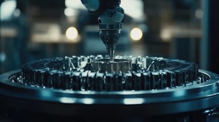 Poster - Industrial robotic arm assembling mechanical parts in a high-tech factory environment.